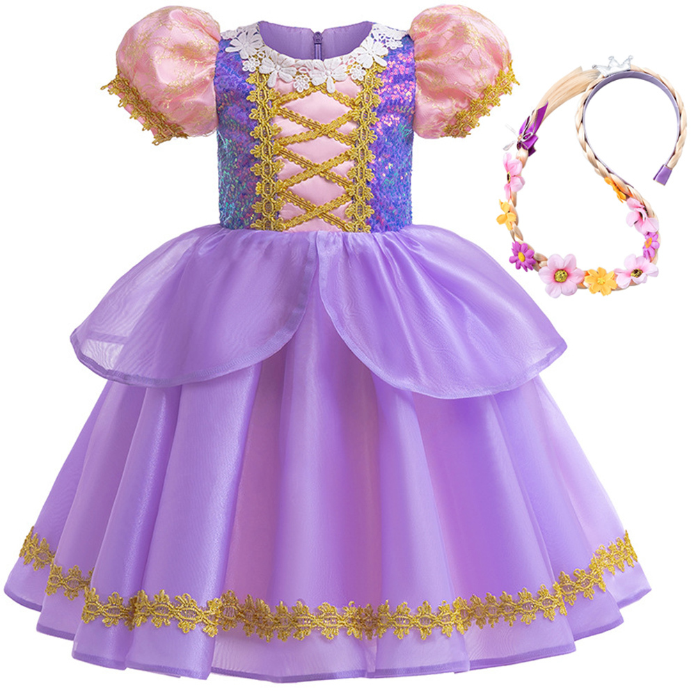 Girls Princess Costume Puff Sleeve Sequin Cosplay Dress with Accessories